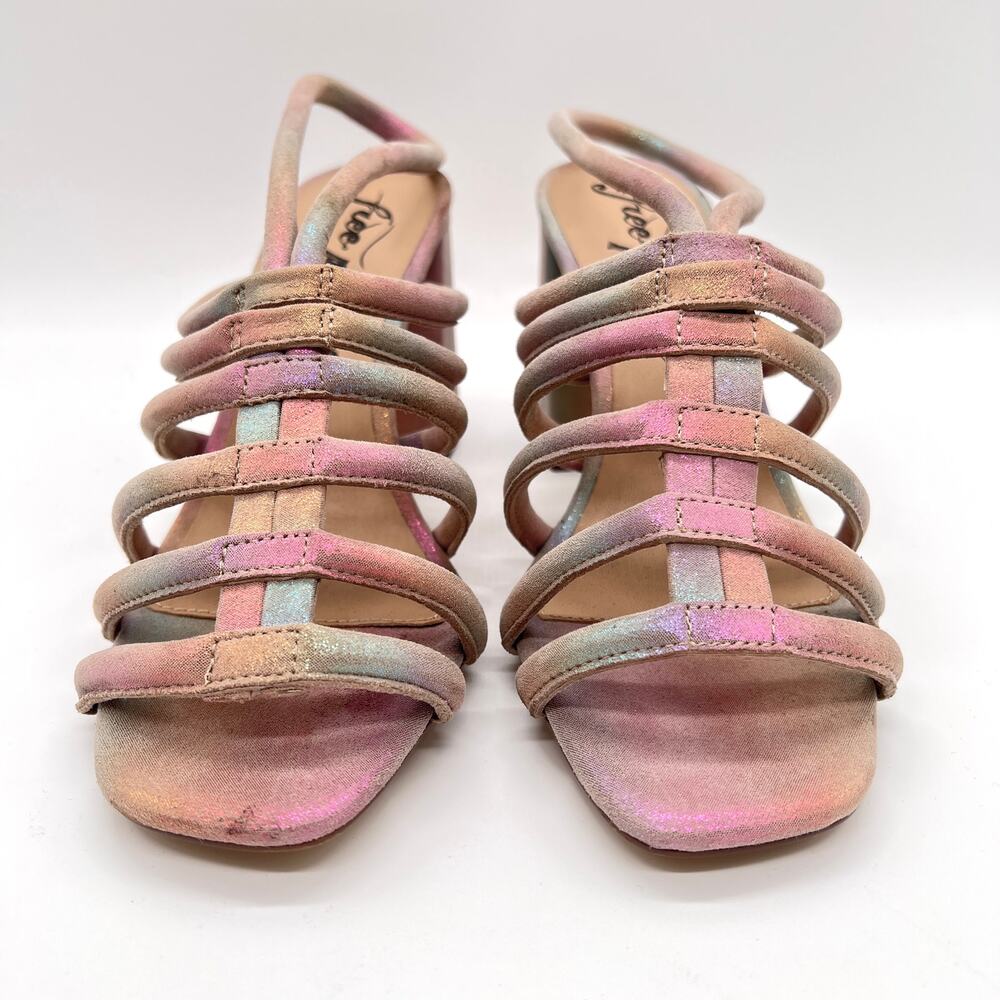 FREE PEOPLE Colette Leather Heels 7.5 Metallic Rainbow Strappy Sandal Cage NEW - Picture 2 of 15